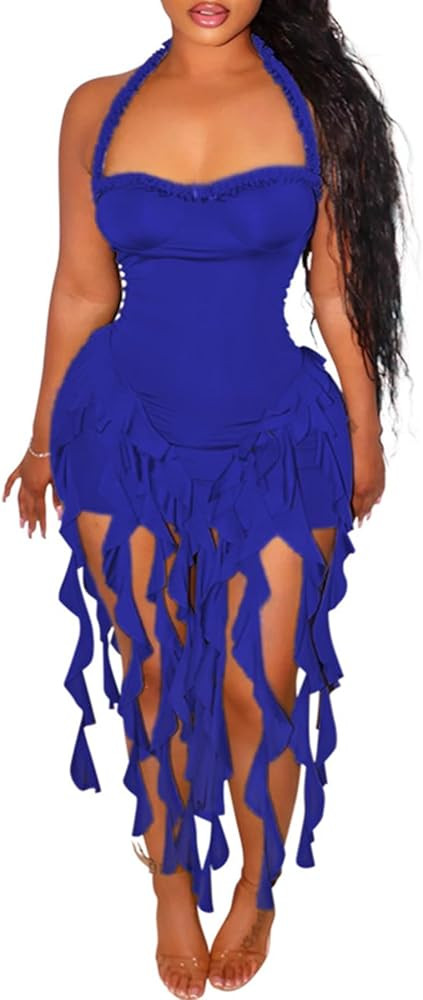 Vakkest Women Summer Halter Neck Dress Sexy Asymmetrical Ruffle Fringe Bodycon Party Birthday Sho... | Amazon (US)