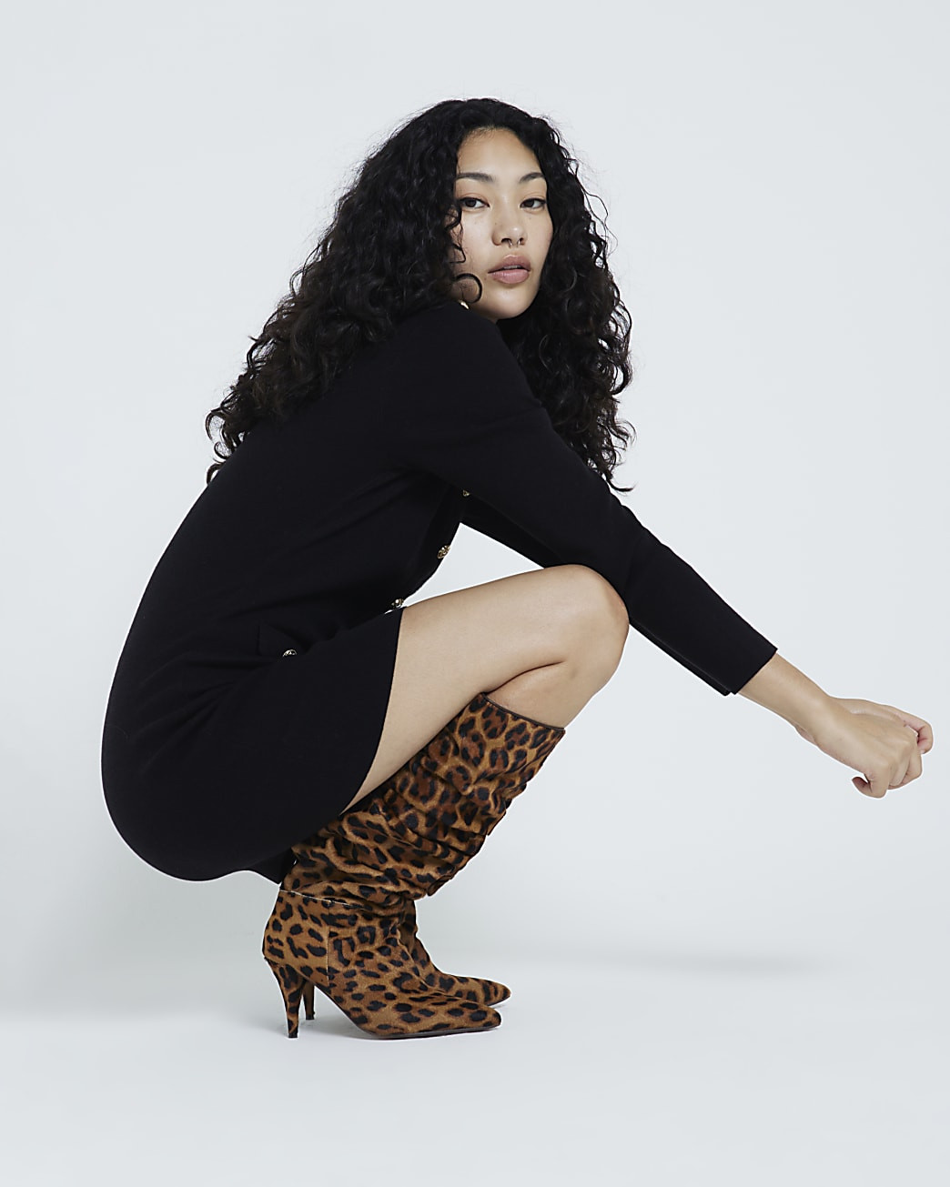 Beige Suede Leopard Slouch High Heeled Boots | River Island (UK & IE)