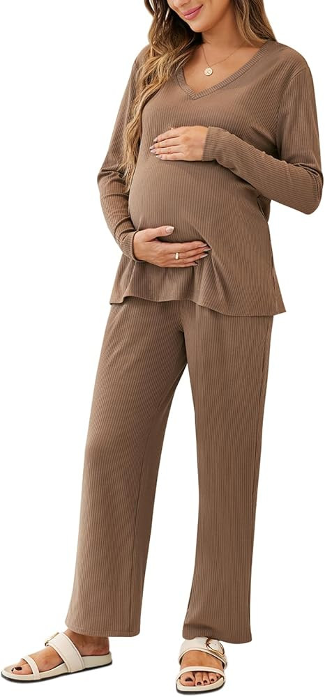 Women's Maternity Pajamas Sets 2 Piece Ribbed Outfits Long Sleeve V Neck Pullover and Long Pant P... | Amazon (US)
