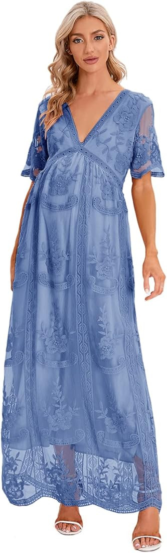 ZIUMUDY Maternity Floral Lace V Neck Wedding Dress Short Sleeve Maternity Long Dress for Photosho... | Amazon (US)