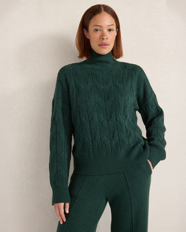 Organic Cotton Blend Cable Knit Mockneck Sweater | Dark Pinegrove Heather | XS | Haven Well Within