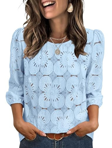 Spring Tops for Women Fashion Summer Beach Vacation Clothes 3/4 Sleeve Tops Lace Eyelet Blouses Business Casual Outfits Easter Shirts Light Blue L | Amazon (US)