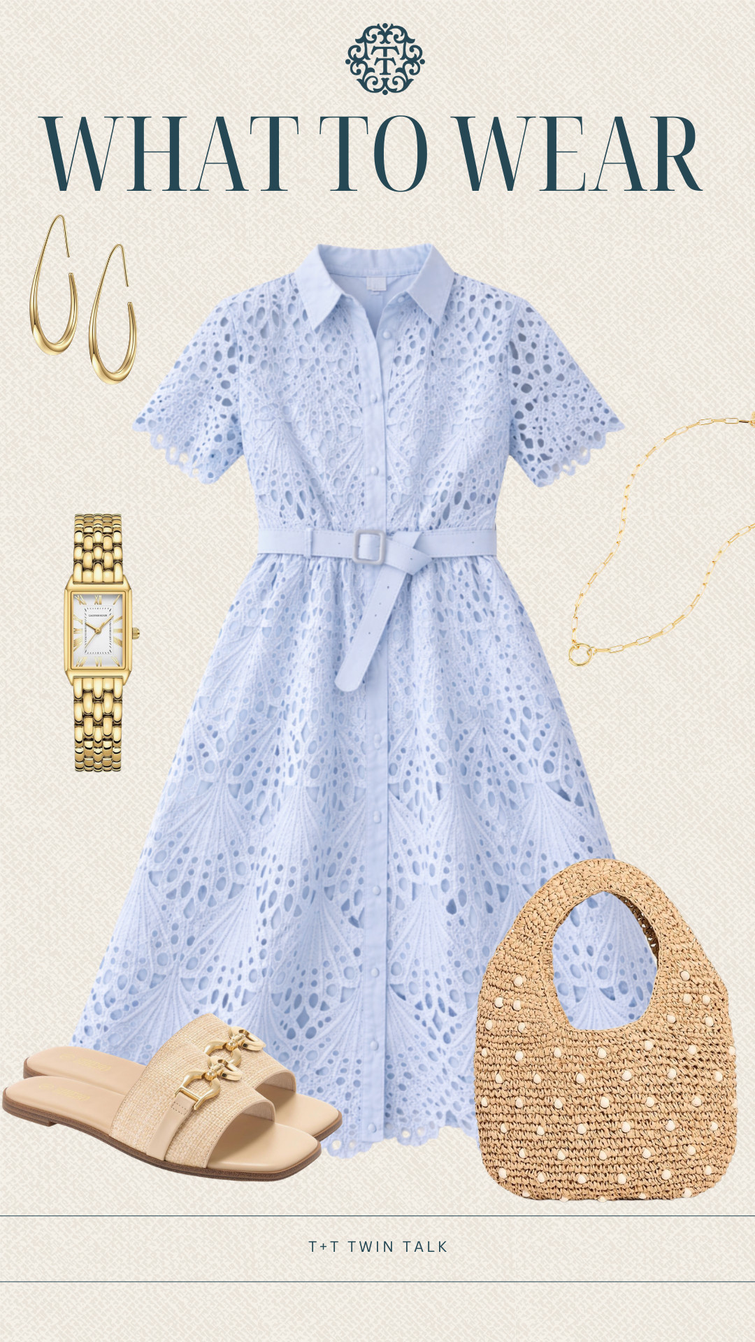 T+T, what to wear! We pulled this light blue eyelet dress for an easy spring outfit. We paired it with gold jewelry, and a woven bag! Perfect for any daytime event or shower! 

 #LTKootd #LTKSeasonal #LTKOver40