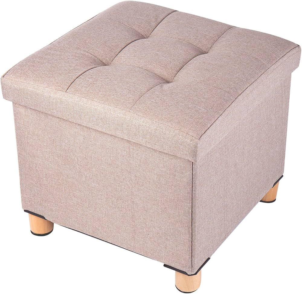 BRIAN & DANY Foldable Storage Ottoman Footrest and Seat Cube with Wooden Feet and Lid, Khaki 15... | Amazon (US)