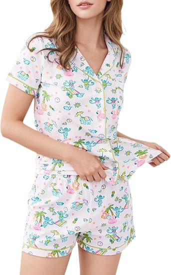 Monkey Heart Pajamas Womens,2 Piece Button Down Shorts Sets Y2K Loungewear Pjs Vacation Sleepwear... | Amazon (US)