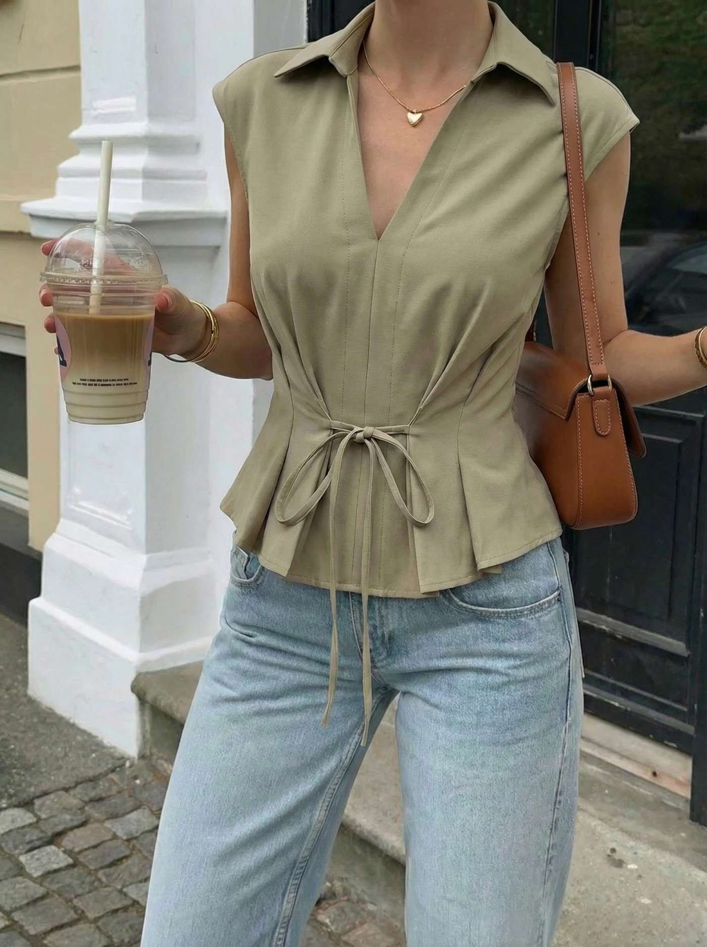 V-Neck Ruched Ruffled Tie Front Blouse | Cider