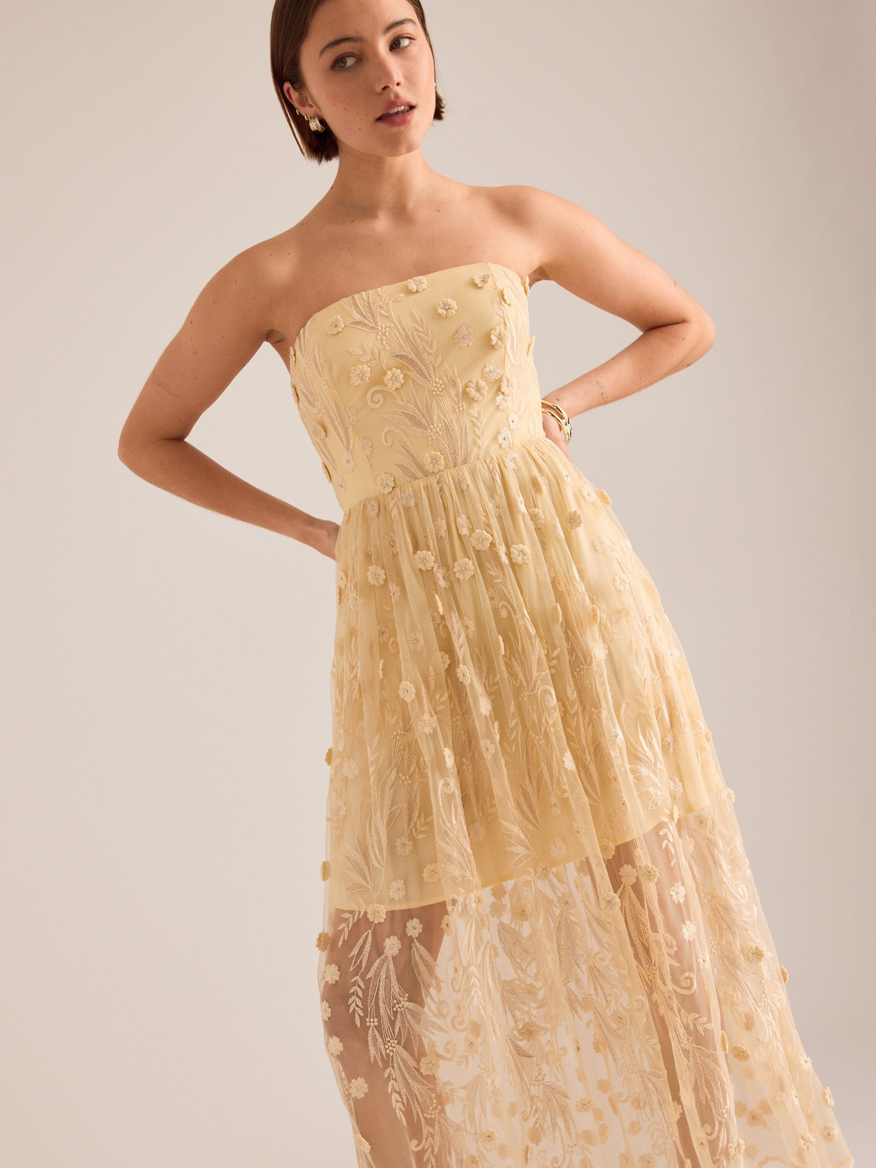 Anthropologie Anthropologie Yellow Jade Bandeau Floral Embroidered Midi Dress | Next US