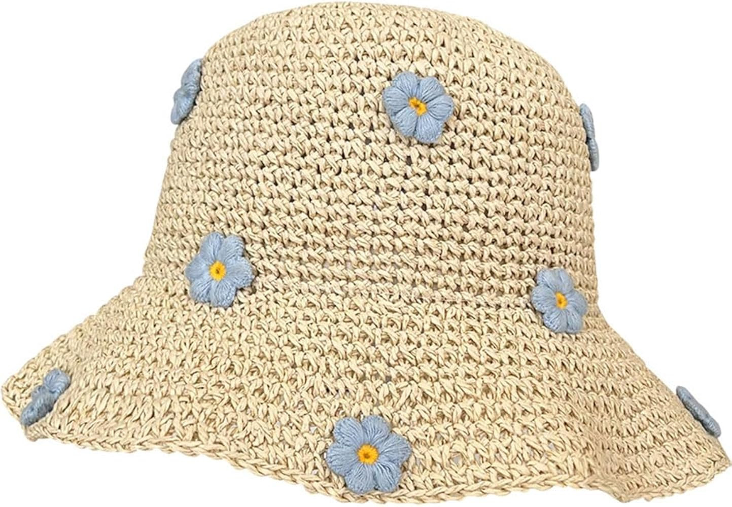 Girl Sweet Cute Blue Floret Straw Hat Women Beige Beach Shading Summer Bucket Hat Breathable Knit... | Amazon (US)