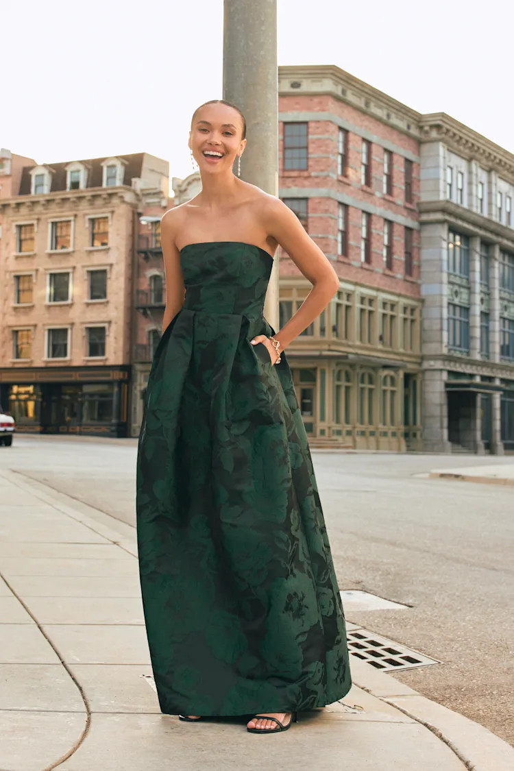Laurelin Emerald Floral Jacquard Pleated Strapless Maxi Dress | Lulus