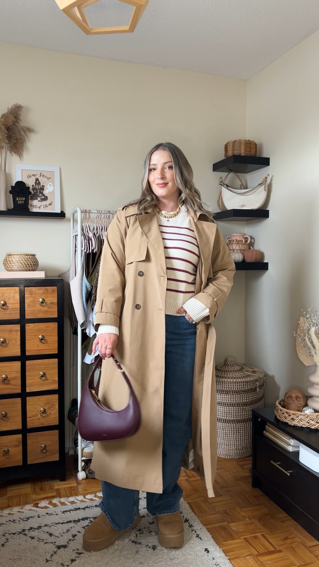 Simple fall outfit! Wearing my usual size L in the striped sweater & trench coat (linked this year’s version). Wearing 32 in the jeans, could have done 31 but I like a looser fit for comfort. Ugg look for less boots are Amazon and holding up so well, I’ve had them for a year! I’m usually a 9.5-10 and wear a 10. Burgundy bag is Amazon too!

#LTKmidsize #LTKfall #LTKjeans