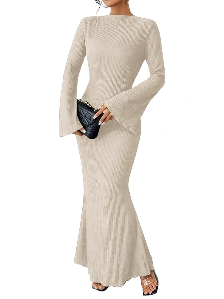 Narecte Fall Dresses for Women 2025 Maxi Dresses Solid Color Boho Dress Flare Sleeve Bodycon Dres... | Amazon (US)