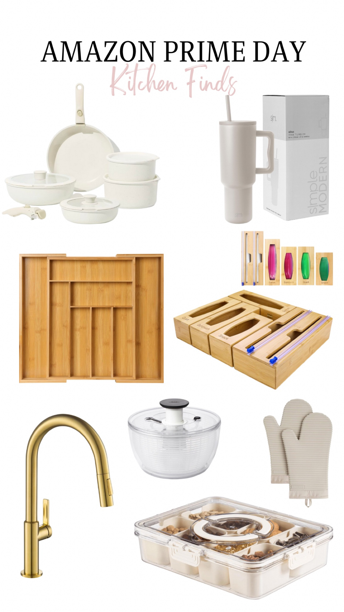 AMAZON PRIME DAY - Kitchen Finds! 

Tumbler with handle, storage bag organizer, serving tray with lid, pots and pans, cookware, ribbed soft silicone oven mitt set, salad spinner, faucet 

#LTKHome #LTKSaleAlert