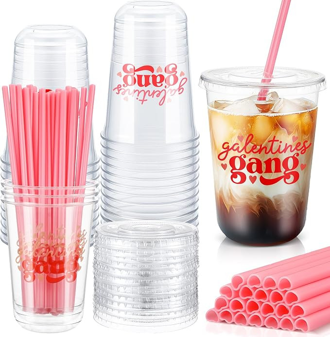 FoldTier 24 Sets Galentines Gang Cups with Lids and Pink Straws 16oz Glantine's Day Disposable Clear Plastic Cups Girl Gang Valentines Day Decorations for Cold Beverage Drinking | Amazon (US)