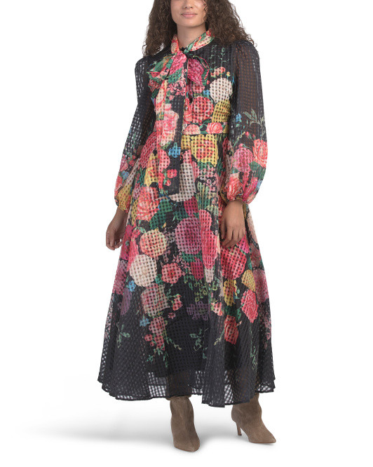 Balloon Sleeve Tie Neck Floral Maxi Dress | TJ Maxx