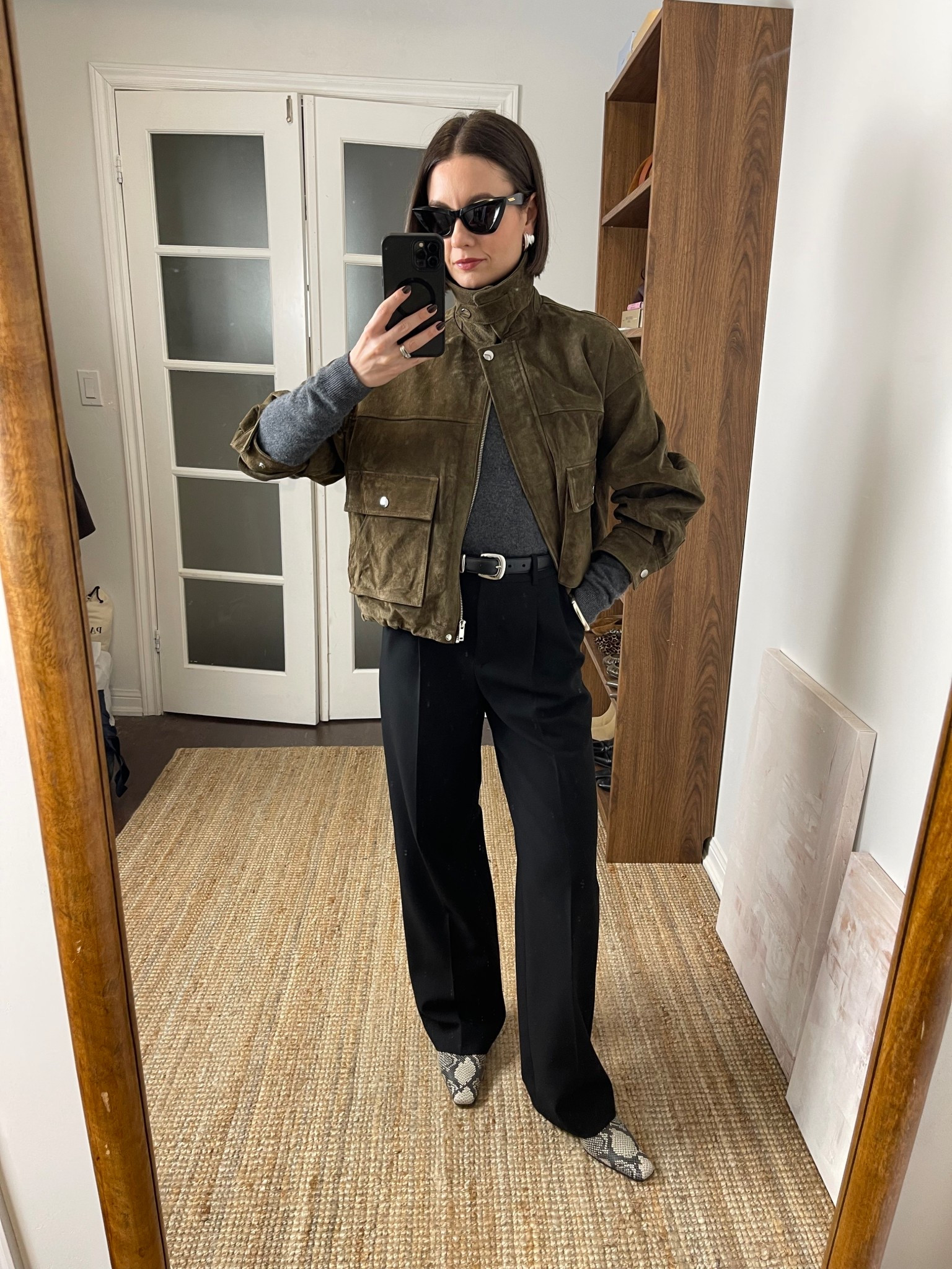 Suede bomber jacket (s), black trousers, snake print boots, grey cashmere sweater (xs)

#LTKSeasonal #LTKStyleTip #LTKWorkwear
