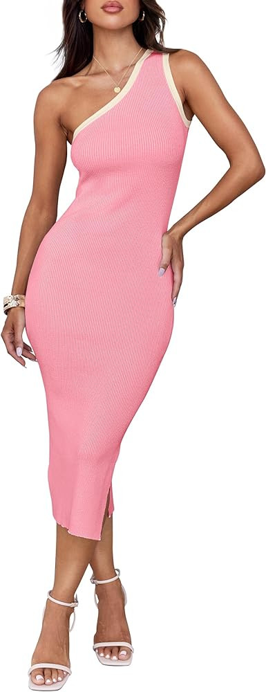 ZESICA Women's 2025 Summer One Shoulder Bodycon Midi Dresses Casual Sleeveless Ribbed Knit Side S... | Amazon (US)