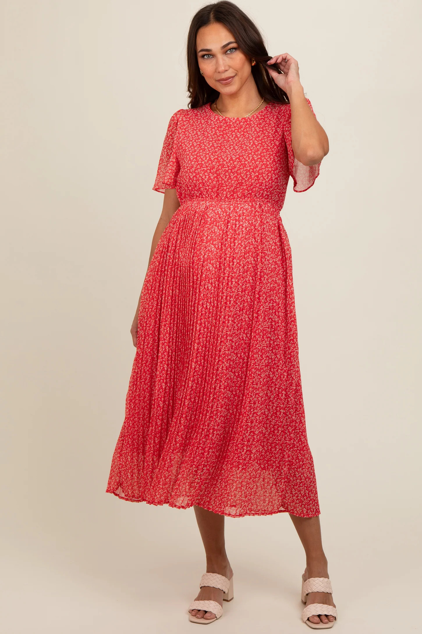Red Ditsy Floral Pleated Maternity Midi Dress | PinkBlush Maternity