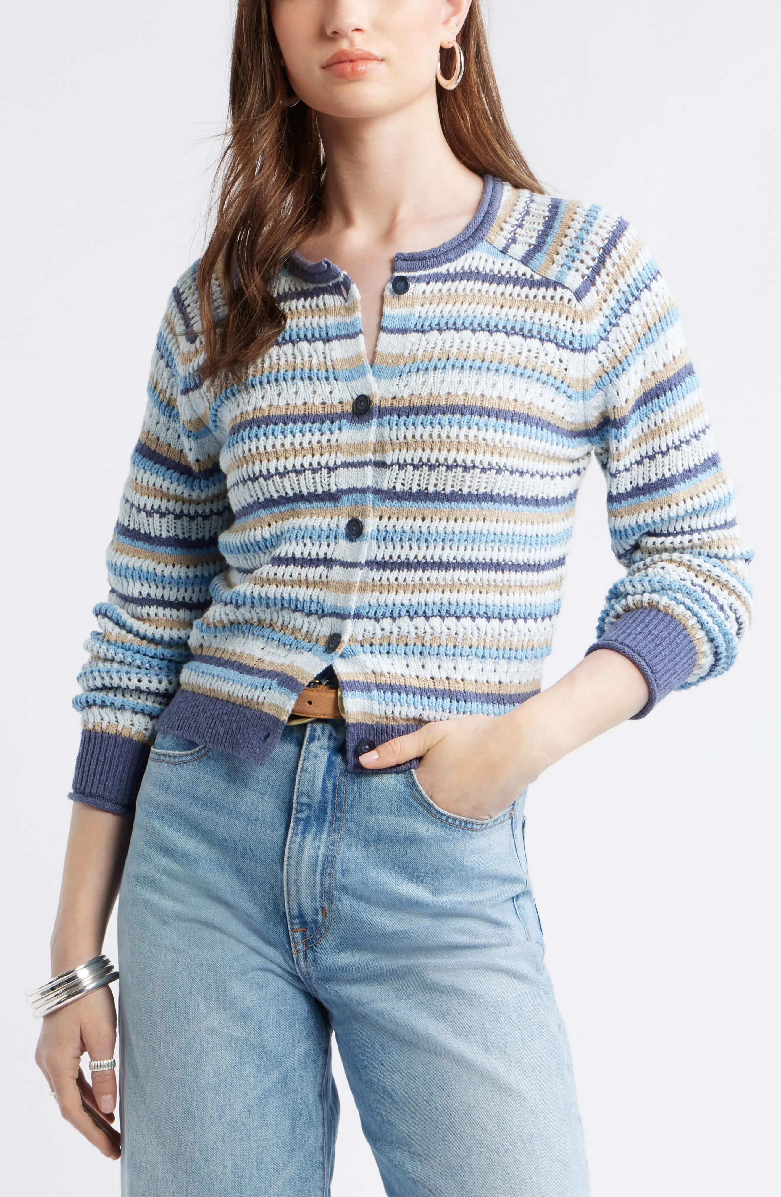 Stripe Pointelle Knit Button Front Cotton Cardigan (Women) | Nordstrom | Nordstrom