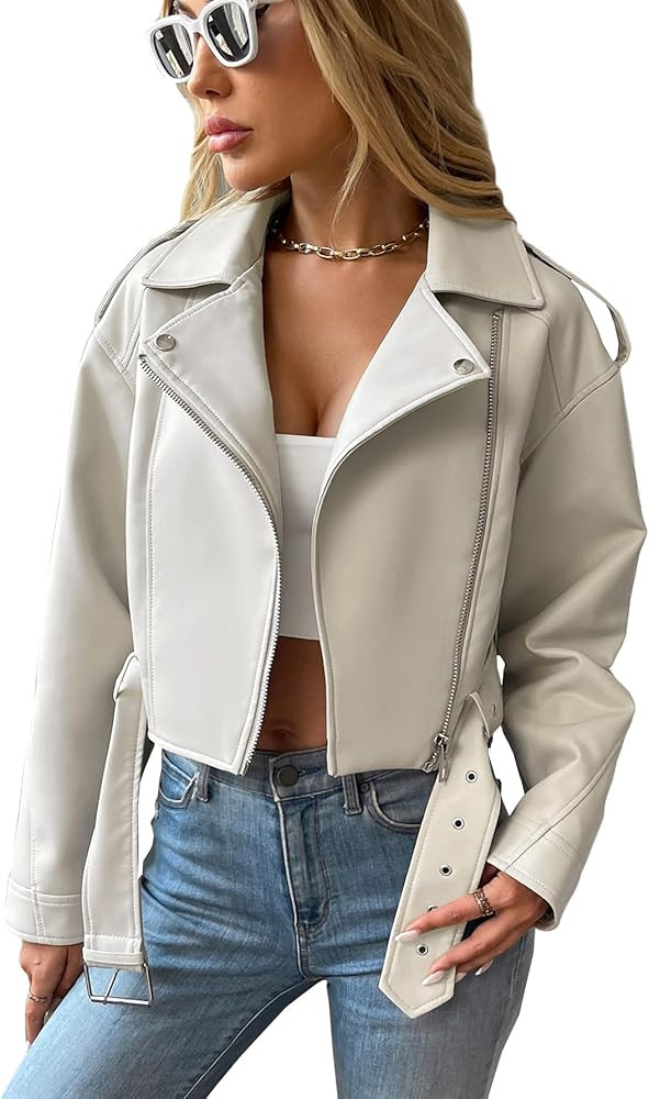 LY VAREY LIN Women Faux Leather Cropped Jacket Vegan Motor Biker Coat with Belt | Amazon (US)