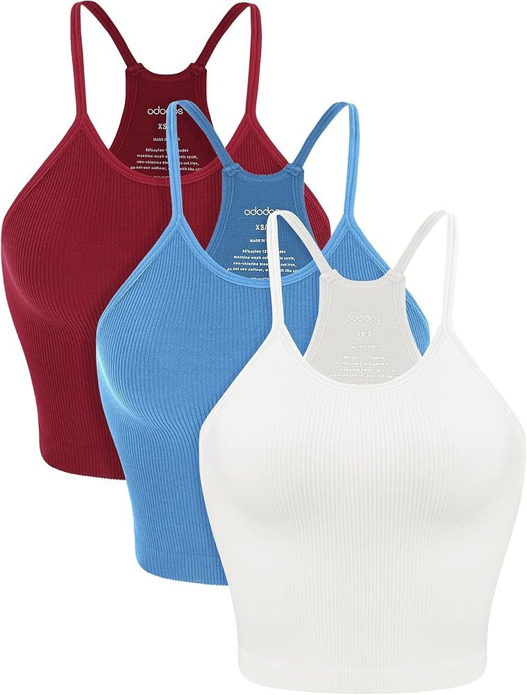 ODODOS Women's Crop 3-Pack Washed Seamless Rib-Knit Camisole Crop Tank Tops | Amazon (US)