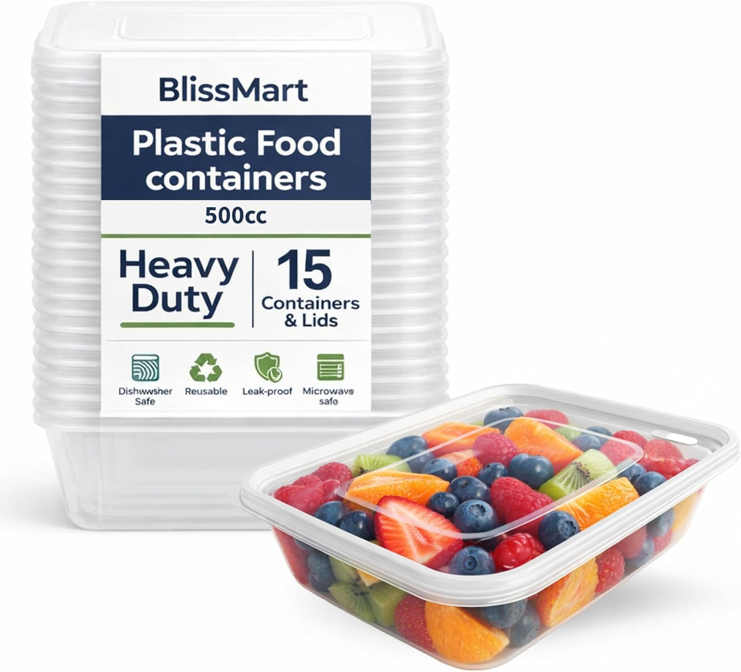 500ml Plastic Food Containers with Lids 15pk Leakproof Snap Lids Meal Prep Lunch Box Takeaway Cle... | Amazon (UK)