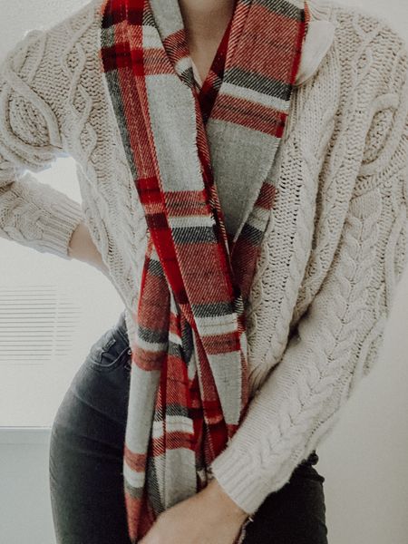 Cozy holiday outfit, casual holiday party, Christmas sweater, cable knit sweater, black jeans, skinny jeans, plaid scarf, black boots, monochrome minimalist 

#LTKHoliday #LTKunder100 #LTKSeasonal