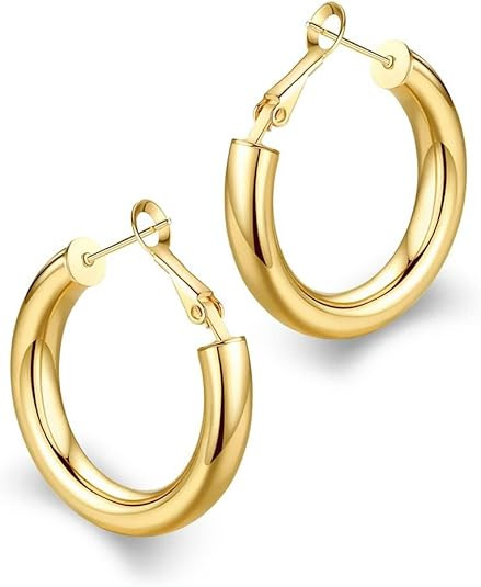 wowshow Gold Hoop Earrings for Women Chunky Hoops 14K Gold Plated Thick Hollow Tube Lightweight E... | Amazon (US)