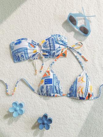 Swim Mod Women's Summer Beach Fruit Printed Bandeau Bikini Set | SHEIN