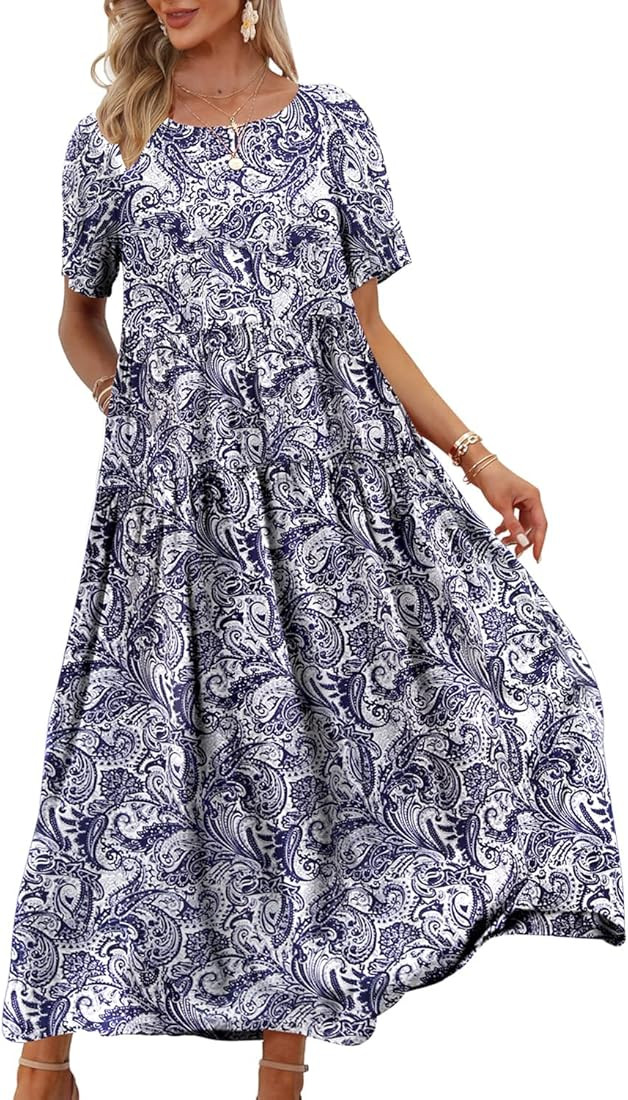 YESNO Women Casual Loose Bohemian Floral Dresses with Pockets Short Sleeve Summer Beach Swing Dre... | Amazon (US)