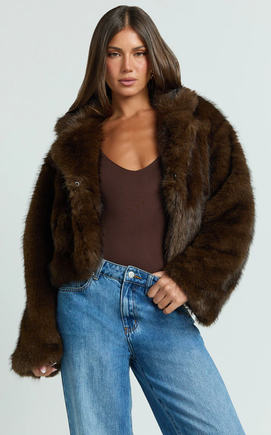 Charisse Coat - Oversized Crop Faux Fur Coat in Coffee | Showpo (US, UK & Europe)