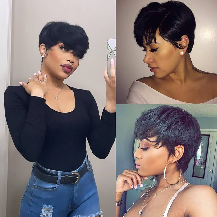 Short Human Hair Wig Pixie Cut Wigs with Bangs Straight Short Wigs for Woman Black Layered Wavy W... | Amazon (UK)