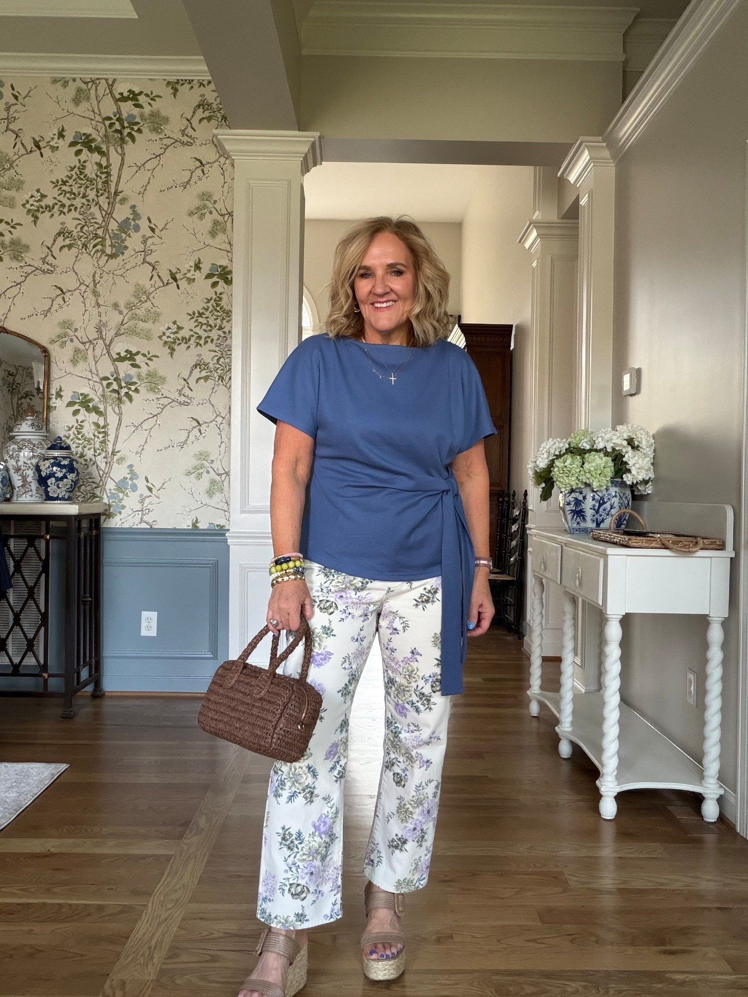 I love these floral jeans but feel like pairing it with lavender is a bit too much.  I've experimented with it and just like it with a different color.  The floral jeans are so pretty though! Size 8 petite. No stretch.
Top is amazon and I can't believe it took me this long to try it on.  I've had it for a while now. Wow, great quality. Very happy with it.  Size medium.
Linking a few similar platform sandals!
My tennis necklace and cross is 20% off with code TAKE20
 20% off my bracelets code NANETTE20

 

#LTKootd #LTKPetite #LTKOver40