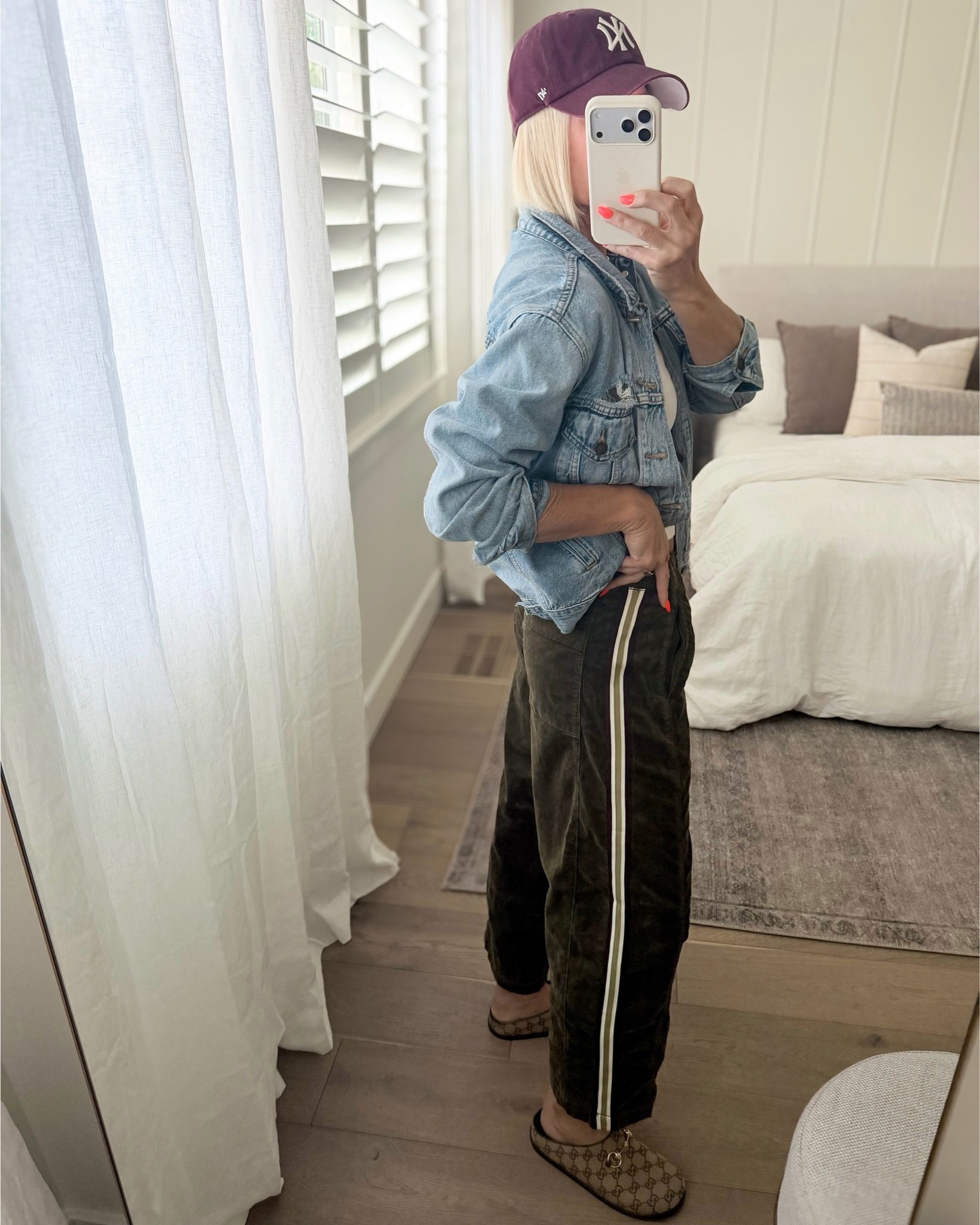 Simple fall outfit idea — put together and still comfy! Pull-on corduroy pants w/ track pants inspired stripes, my go-to oversized denim jacket, burgundy baseball hat and NEW Gucci clogs. 
Size down in the pants they fit big.
And I went up a half size in the Gucci clogs because (I have a higher instep/arch.)