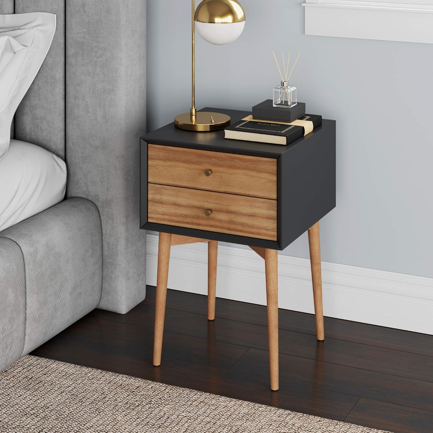 Nathan James Harper Mid-Century Side Table, 2-Drawer Wood Nightstand, Black/Brown | Amazon (US)