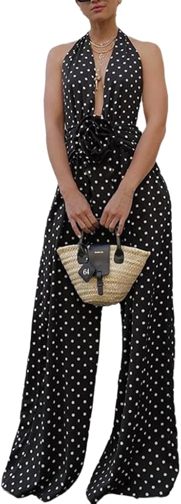 THLAI Sexy Deep Vneck Jumpsuits for Women Polka Dot Halter Neck Backless Wide Leg Jumpsuits Going... | Amazon (US)