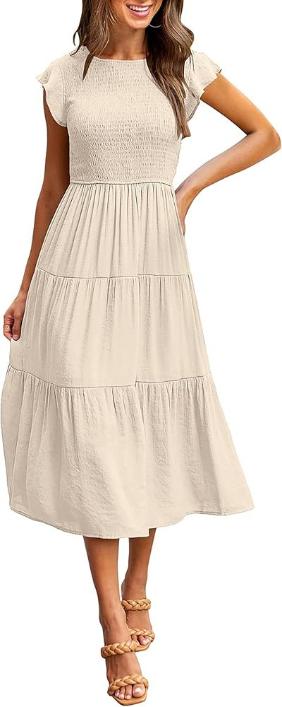 MEROKEETY Women's Flutter Short Sleeve Smocked Midi Dress Summer Casual Tiered A-Line Dress | Amazon (US)