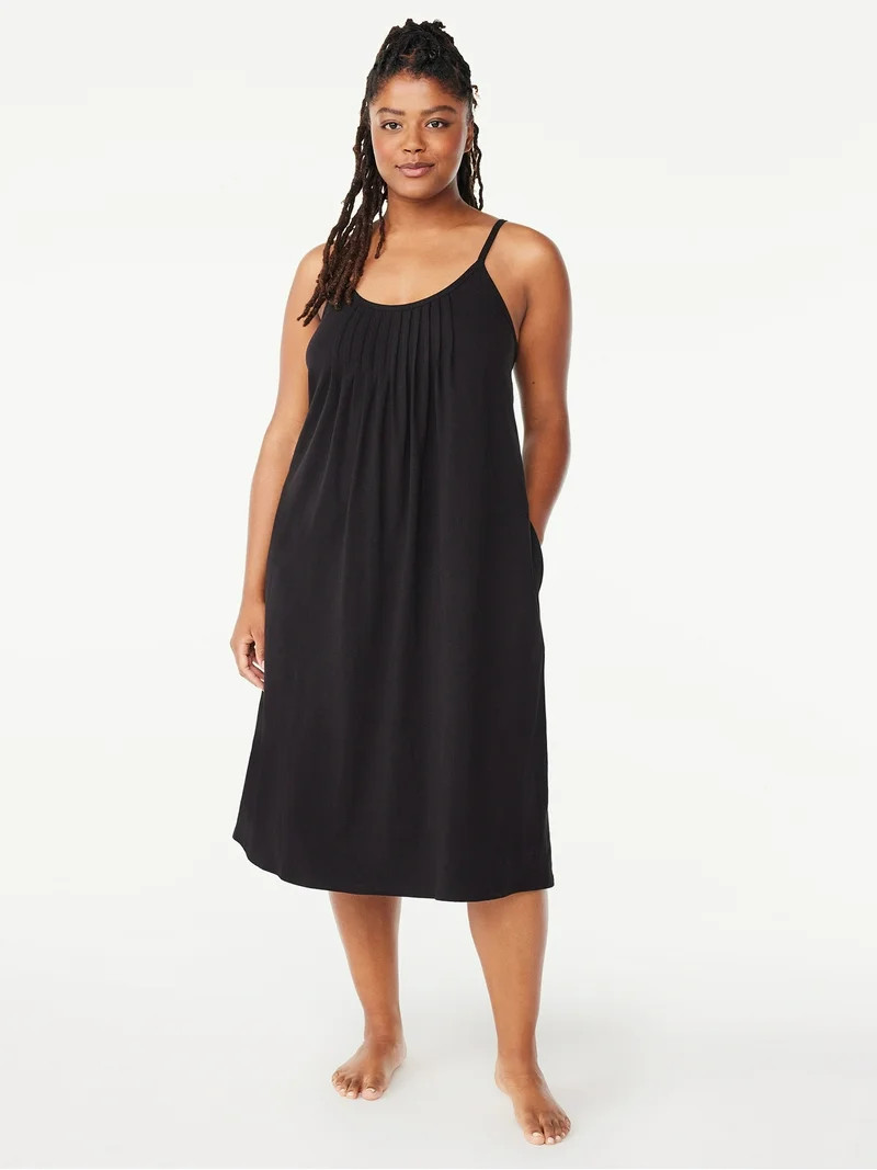 Joyspun Women’s Cotton Blend Pleated Neck Sleeveless Midi Nightgown, Sizes S to 5X | Walmart (US)