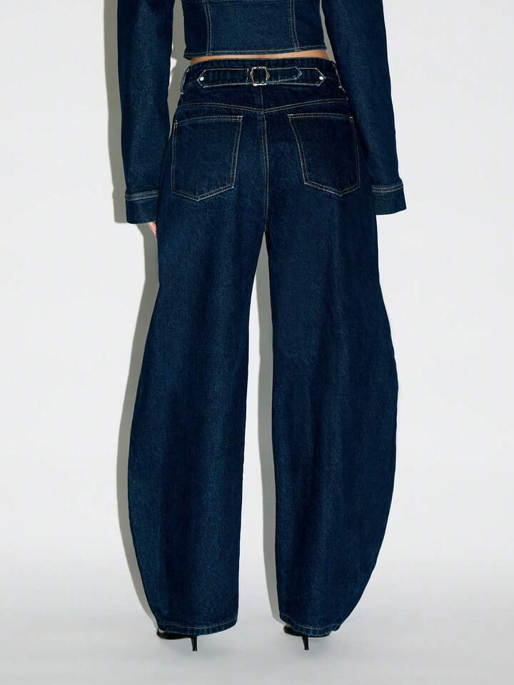 KIZN Wide Leg Denim Jeans Barrel Cut High Waisted Raw Indigo Y2K Fashion Retro Statement Baggy Pants Fall Winter Streetwear | SHEIN