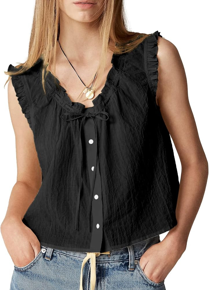 Women Tank Top Summer Button Down Blouse V Neck Sleeveless Tops Trendy Ruffle Vest Casual Flowy S... | Amazon (US)