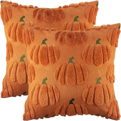 Bunliuys Fall Pumpkin Decorative Throw Pillow Covers 18x18 Set of 2 Pillow Covers, Faux Fur Square Pillow Cover Fluffy Plush Accent Throw Pillow Case, Throw Pillow Cover Cushion Cover for Autumn | Amazon (US)