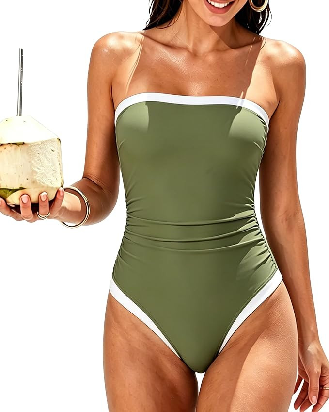SUUKSESS Women One Piece Tummy Control Swimsuit Strapless Bandeau Bathing Suit | Amazon (US)