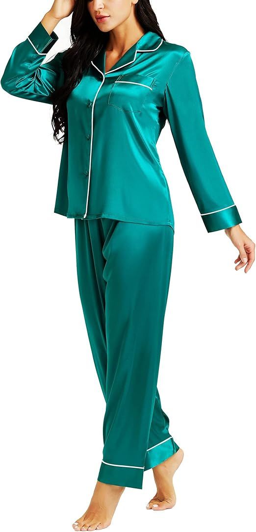 LONXU Womens Silk Satin Pajamas Set Button Down Sleepwear Loungewear XS~3XL | Amazon (US)