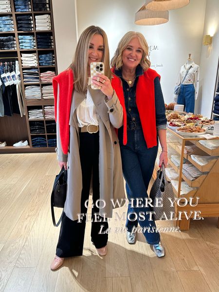Sezane brunch outfit! Dawn is wearing the Sezane jumpsuit and I’m wearing Sezane wide leg jeans, Paula Babies, Gaspard red cardigan and a Kohls trench coat! 

Spring style, spring outfit, work outfit, weekend outfit 

#LTKworkwear #LTKfindsunder100 #LTKstyletip