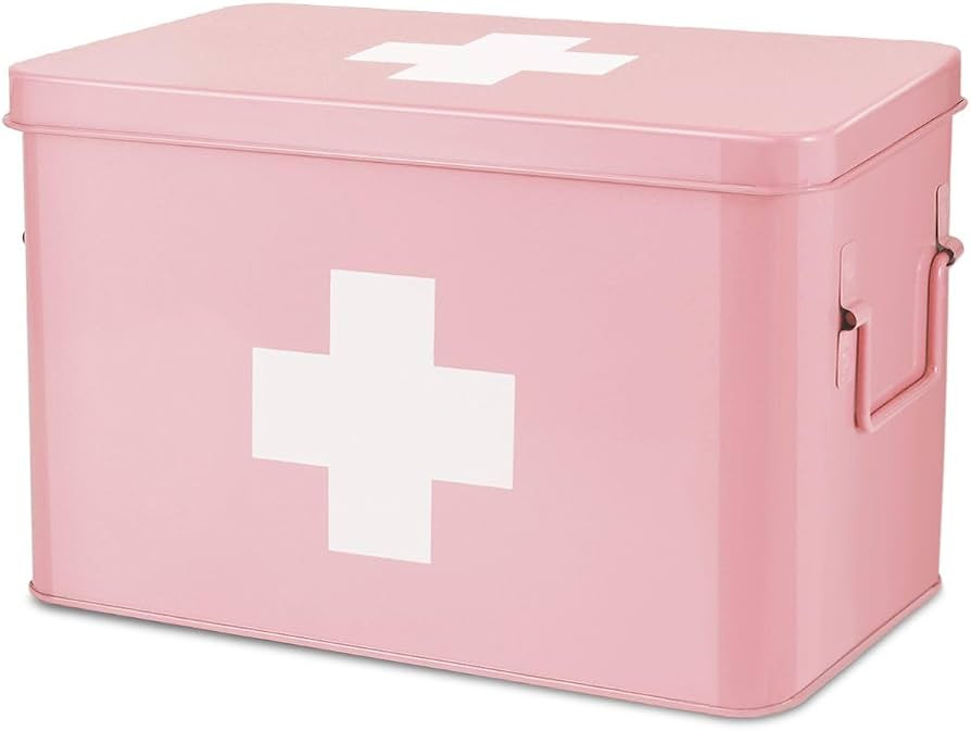 Flexzion Large Metal First Aid Box Empty, 13-Inch, Pink with White Cross | Amazon (US)