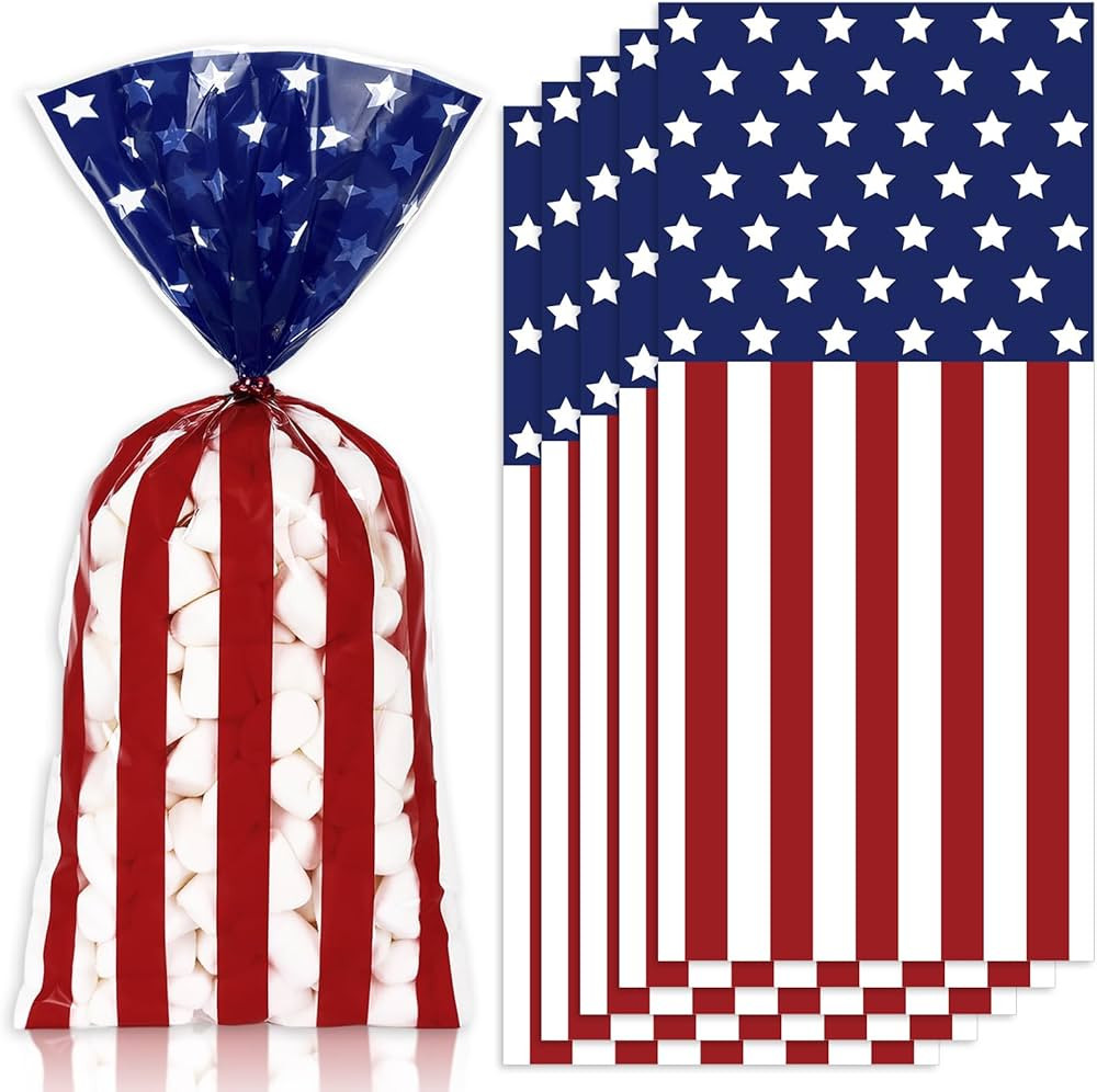 JarThenaAMCS 100Pcs Patriotic Cellophane Treat Bags with Twist Tie Star Stripe Plastic Gift Bags ... | Amazon (US)