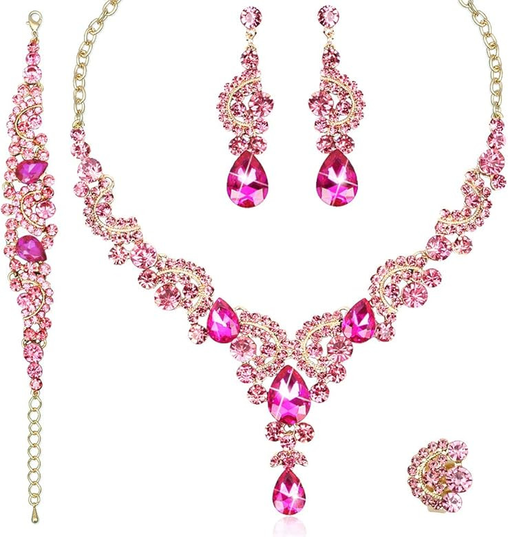 CSY Elegant Crystal Necklace Earrings Bracelet Ring Bridal Wedding Party Costume Jewelry Sets for... | Amazon (US)