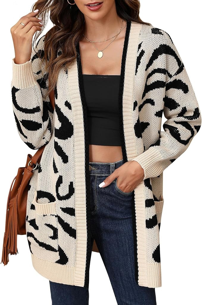 Women Fashion Leopard Print Sweater Cardigan Long Sleeve Open Front Coat Outwear 2024 Fall Winter... | Amazon (US)