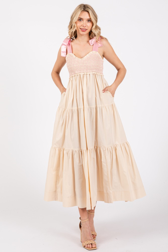 Cream Ribbon Strap Tiered Maxi Dress | PinkBlush Maternity