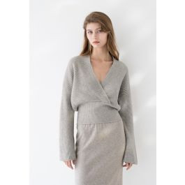 Ribbed Flare Sleeves Wrap Knit Top in Sand | Chicwish