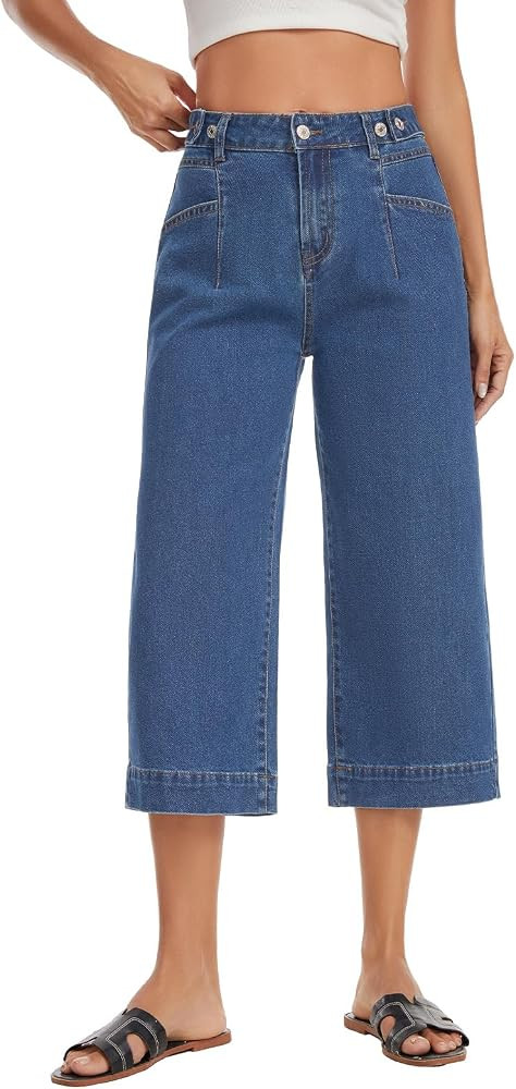 Metietila Women\u2019s Wide Leg Capris Pants High Waisted Baggy Stretchy Straight Capri Jeans wit... | Amazon (CA)